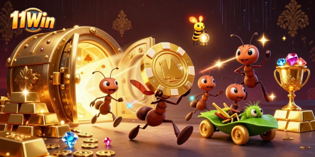 11Win ants executing a heist with a giant poker chip amidst a treasure-filled casino tunnel.