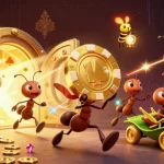 11Win ants executing a heist with a giant poker chip amidst a treasure-filled casino tunnel.