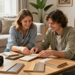 floor inspiration for British homes with couple choosing laminate and engineered wood flooring in a cozy living room