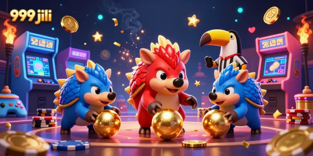 Engaging 999 jili gaming scene featuring rival pangolins and vibrant gambling elements.