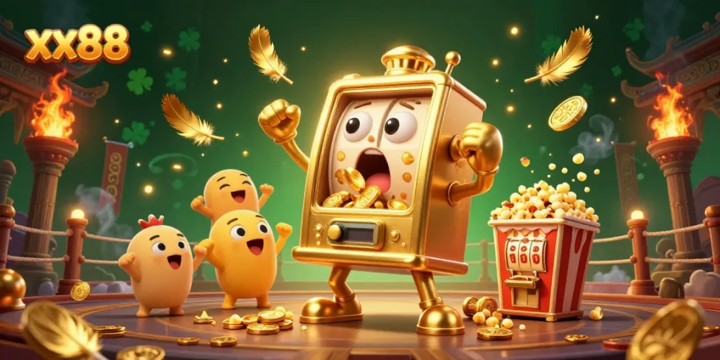 Experience the excitement of xx88 as golden slot machines celebrate winning jackpots, surrounded by dynamic casino elements.