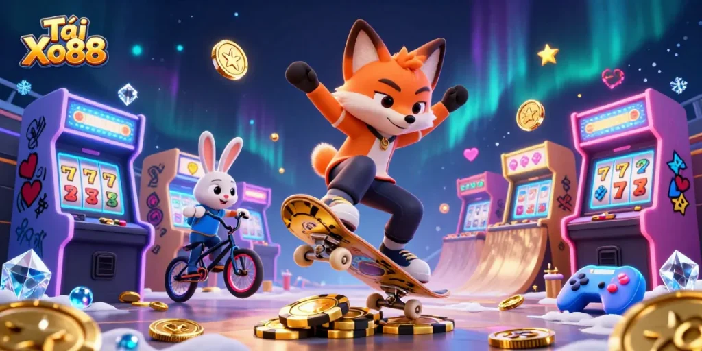 Tải Xo88 showcases exciting gaming with vibrant characters and casino elements in action.