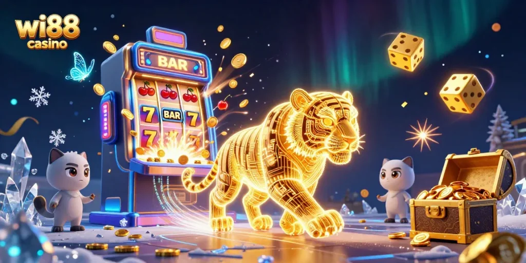 Experience the vibrant and dynamic atmosphere of wi88 casino with a jackpot explosion and neon tiger.