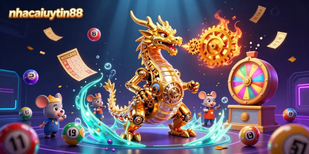 Experience the thrilling world of nhacaiuytin88 casino with vibrant lottery elements and a dynamic dragon illustration.