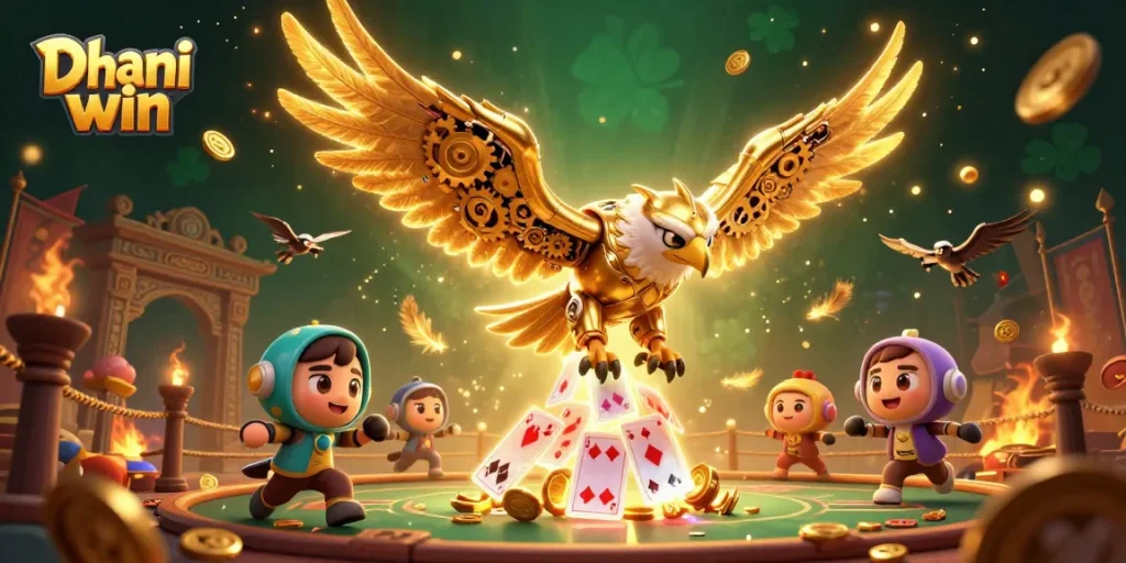 Dhani win offers thrilling online gameplay with cybernetic eagle amidst casino-themed graphics and dynamic action.