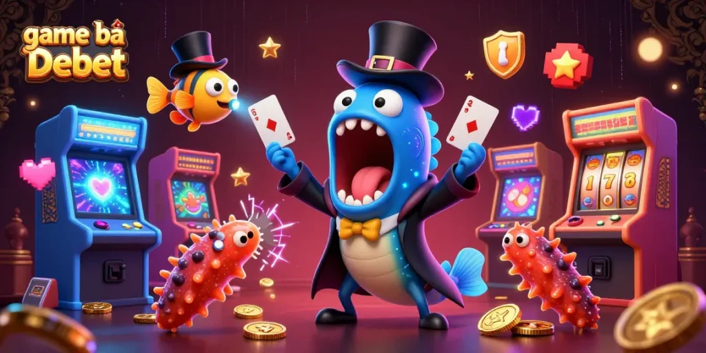 Engage with game bài Debet featuring vivid characters playing unique card tricks in a lively casino.