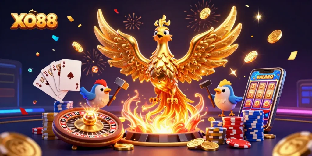 Engage with XO88's vibrant gaming scene featuring a golden phoenix and slot reels.