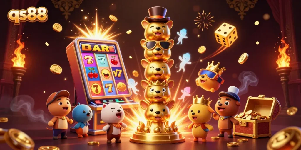 Experience the excitement of qs88 with a vibrant casino scene full of golden elements and dynamic action.