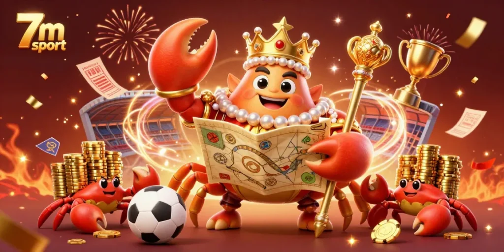 Engage with dynamic 7m sport imagery featuring a golden crab emperor amidst sports elements, capturing the excitement of betting.
