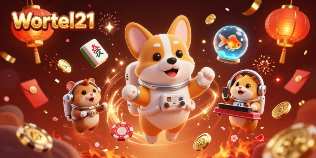 Experience thrilling action with Wortel21's vibrant casino scene featuring an astronaut corgi and more!