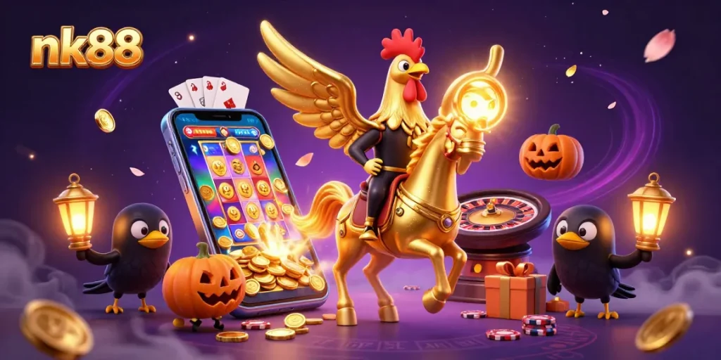 In the dynamic nk88 casino scene, a golden rooster rides through a midnight casino with thrilling slot games and festive decorations.