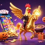 In the dynamic nk88 casino scene, a golden rooster rides through a midnight casino with thrilling slot games and festive decorations.