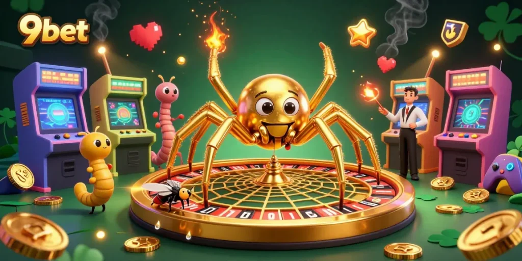 Bet with 9bet in a vibrant casino scene with a golden spider and lively game elements.