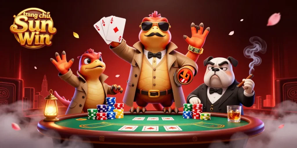 Engage with the vibrant scenes of tranz chủ Sun Win at an extravagant casino featuring raptors sneaking in.