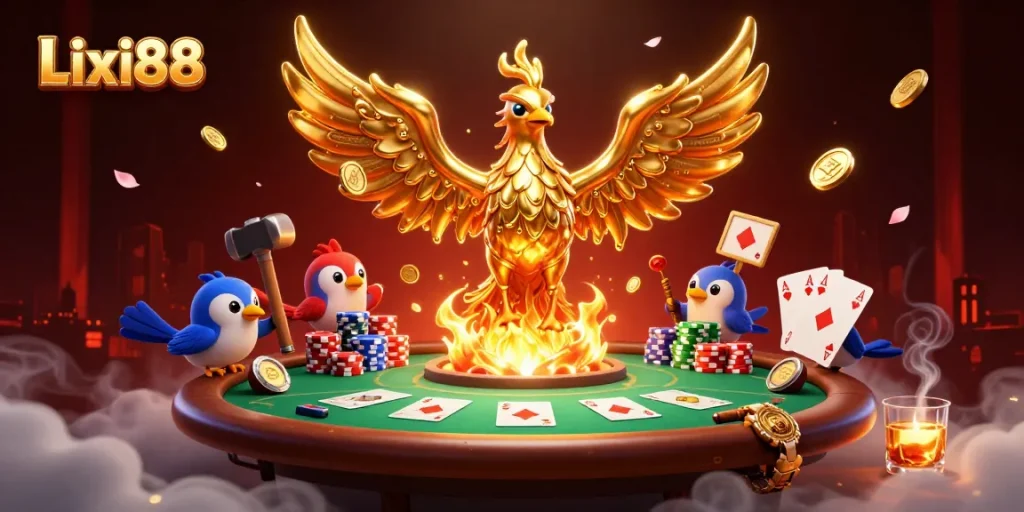 Lixi88's vibrant 3D scene showcases a golden phoenix soaring above poker tables and chips, symbolizing fortune.