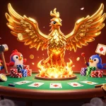 Lixi88's vibrant 3D scene showcases a golden phoenix soaring above poker tables and chips, symbolizing fortune.