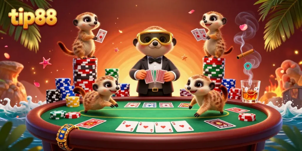 Experience thrilling gameplay with tip88's vibrant casino scene featuring playful meerkats and poker excitement.