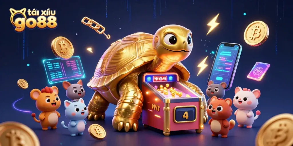 Engage with tài xỉu go88 through a vibrant scene featuring 3D characters and crypto elements.