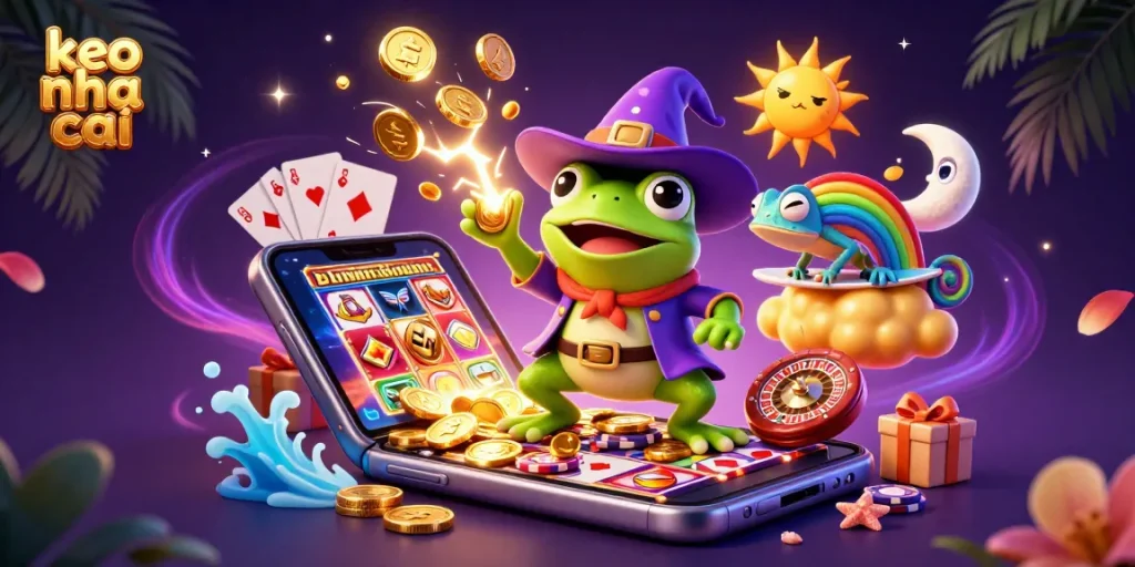 Experience the magic of keo nha cai with a vibrant illustration of a frog wizard and rainbow chameleon in a casino scene.