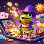 Experience the magic of keo nha cai with a vibrant illustration of a frog wizard and rainbow chameleon in a casino scene.