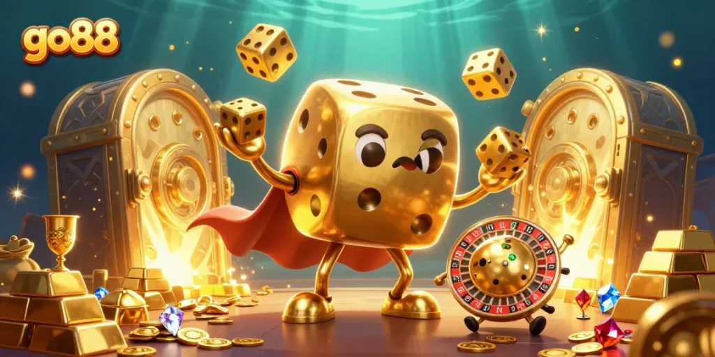 Engage in the thrill of go88 with dynamic 3D golden dice and casino elements bursting with treasure.