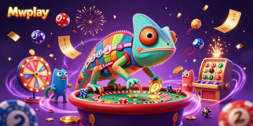Engage in thrilling gaming at Mwplay with a vibrant, colorful casino scene featuring dynamic chameleon and lottery elements.