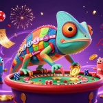 Engage in thrilling gaming at Mwplay with a vibrant, colorful casino scene featuring dynamic chameleon and lottery elements.