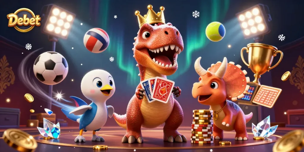 Engage your bets with Debet, depicted in a lively 3D casino scene featuring cartoon dinosaurs.