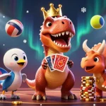 Engage your bets with Debet, depicted in a lively 3D casino scene featuring cartoon dinosaurs.