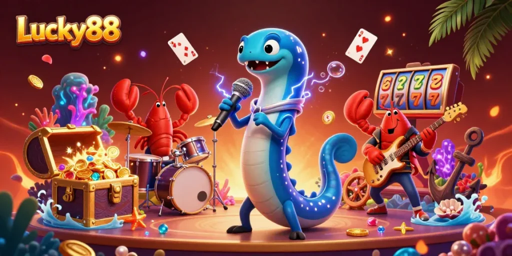 Experience the excitement of Lucky88 with a vibrant underwater casino scene featuring animated characters and slot game elements.