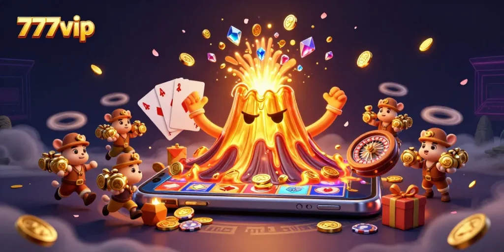 Players are captivated by 777vip gaming with a golden volcano erupting coins and treasures.