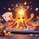 Players are captivated by 777vip gaming with a golden volcano erupting coins and treasures.