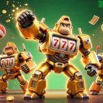 jiliko presents a dynamic 3D transformation with a golden gorilla mech firing coins and sports elements.