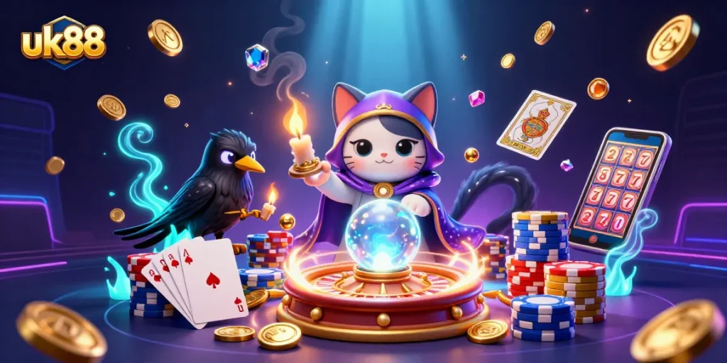 Spin and win with uk88's vibrant 3D casino illustration showcasing fortune teller and gaming elements.