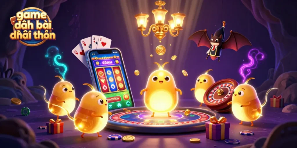 Engage in game đánh bài đổi thưởng with a vibrant casino setting brought to life by glowing characters.