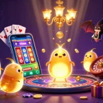 Engage in game đánh bài đổi thưởng with a vibrant casino setting brought to life by glowing characters.