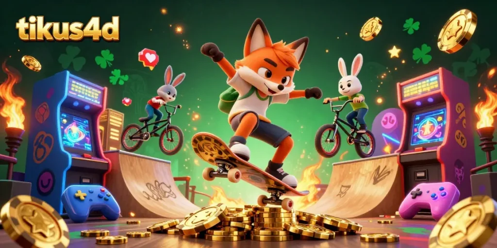 Experience the thrill of tikus4d as a cartoon fox performs tricks in a vibrant casino-themed scene with glowing game elements.