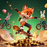 Experience the thrill of tikus4d as a cartoon fox performs tricks in a vibrant casino-themed scene with glowing game elements.