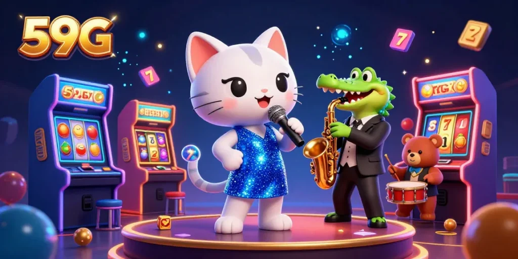 Engage with 59G's vibrant gaming action featuring dynamic characters in a lively casino.