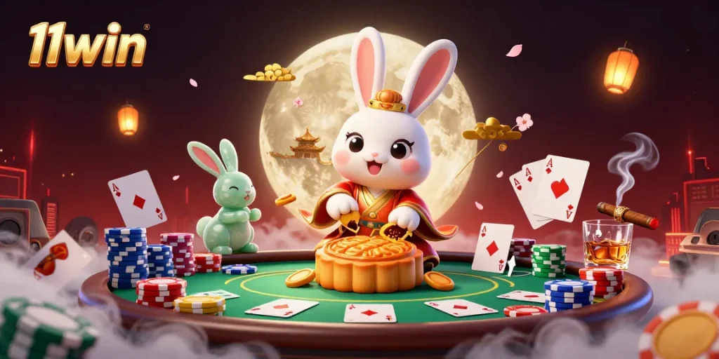 Experience thrilling casino adventures with 11win's vibrant 3D moon rabbit illustration.