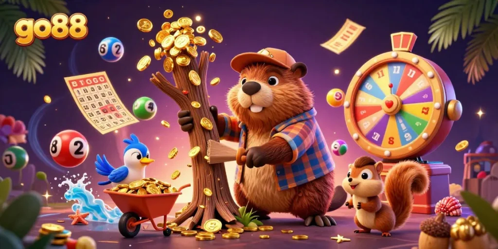 Experience exciting wins with go88 as the cartoon beaver chops a tree raining coins in a vibrant casino scene.