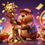 Experience exciting wins with go88 as the cartoon beaver chops a tree raining coins in a vibrant casino scene.