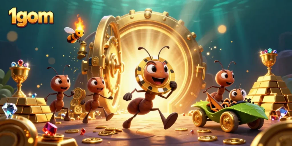 1gom showcases ants running a heist in a golden gambling scene, embodying adventure and excitement.