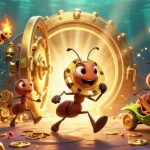 1gom showcases ants running a heist in a golden gambling scene, embodying adventure and excitement.
