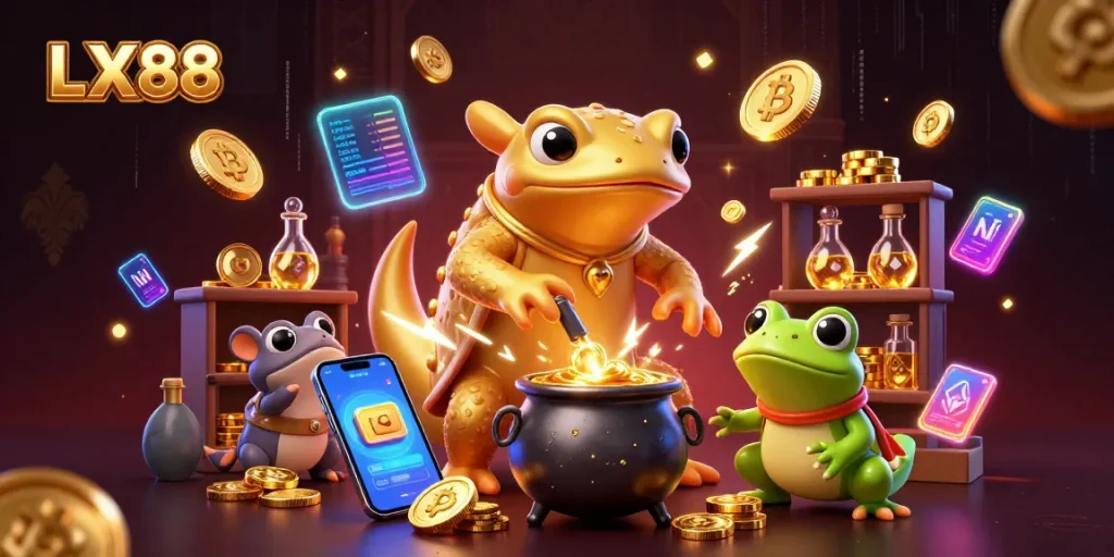 Experience the thrilling world of LX88 with golden animations and neon elements in a vibrant casino setting.