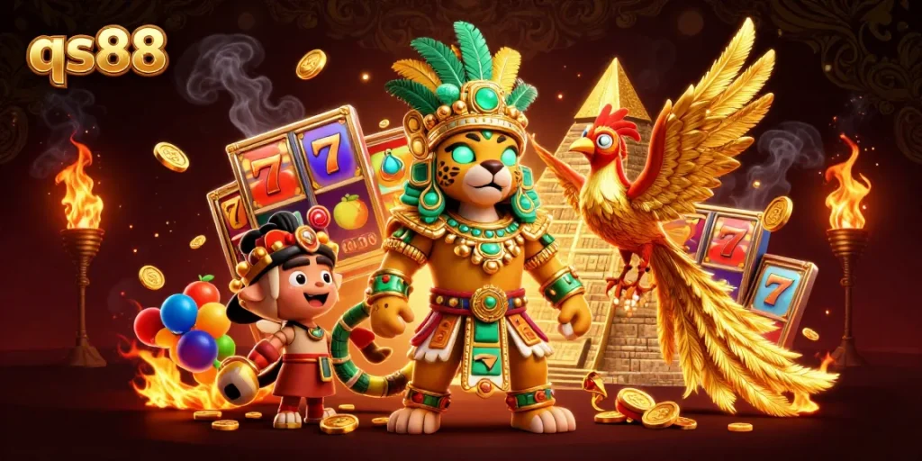 Play exciting slot games at qs88 with lucky 7s and vibrant fruit symbols illuminating the scene.