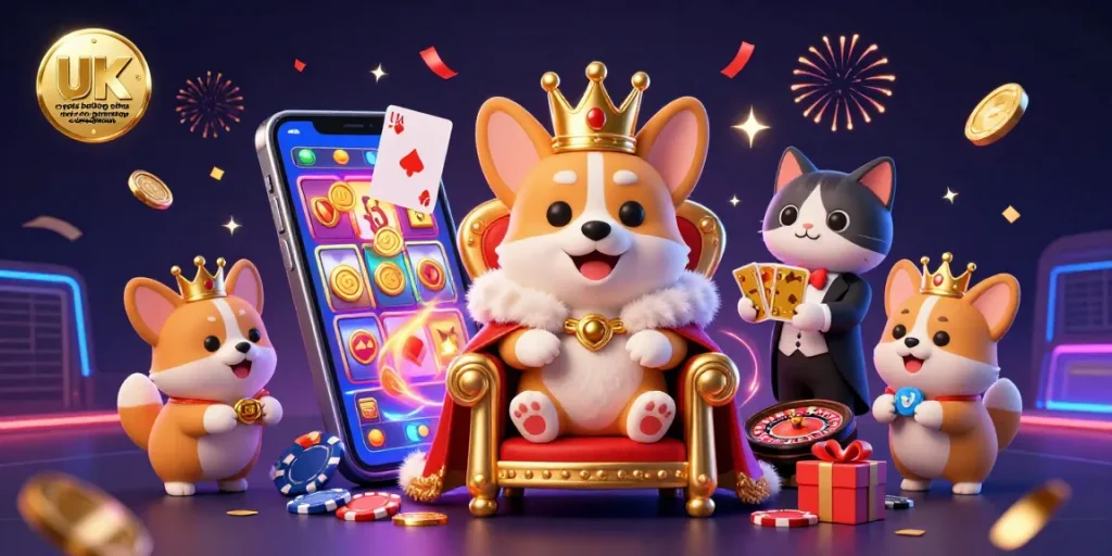 Engaging scene depicting UK crypto betting sites not on gamstop comparison with animated characters around a slot game.