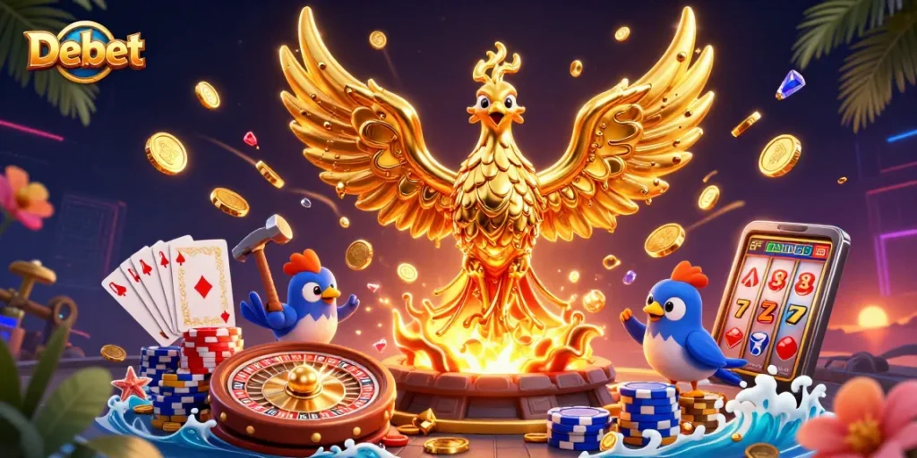 Experience the thrill of winning with Debet's golden phoenix and casino symbols in an exhilarating 3D illustration.