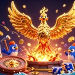 Experience the thrill of winning with Debet's golden phoenix and casino symbols in an exhilarating 3D illustration.