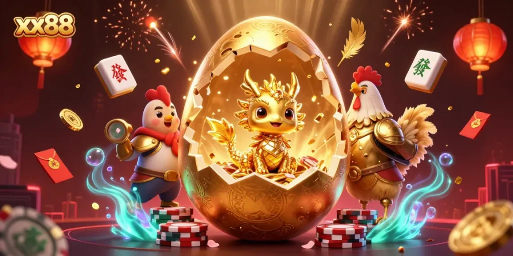 Experience the thrilling world of xx88 with golden dragon and poker chips in vibrant casino scene.